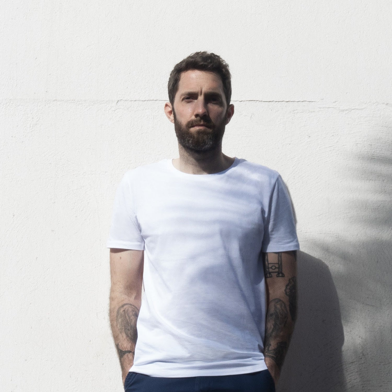 James wears basic organic cotton men's t-shirt