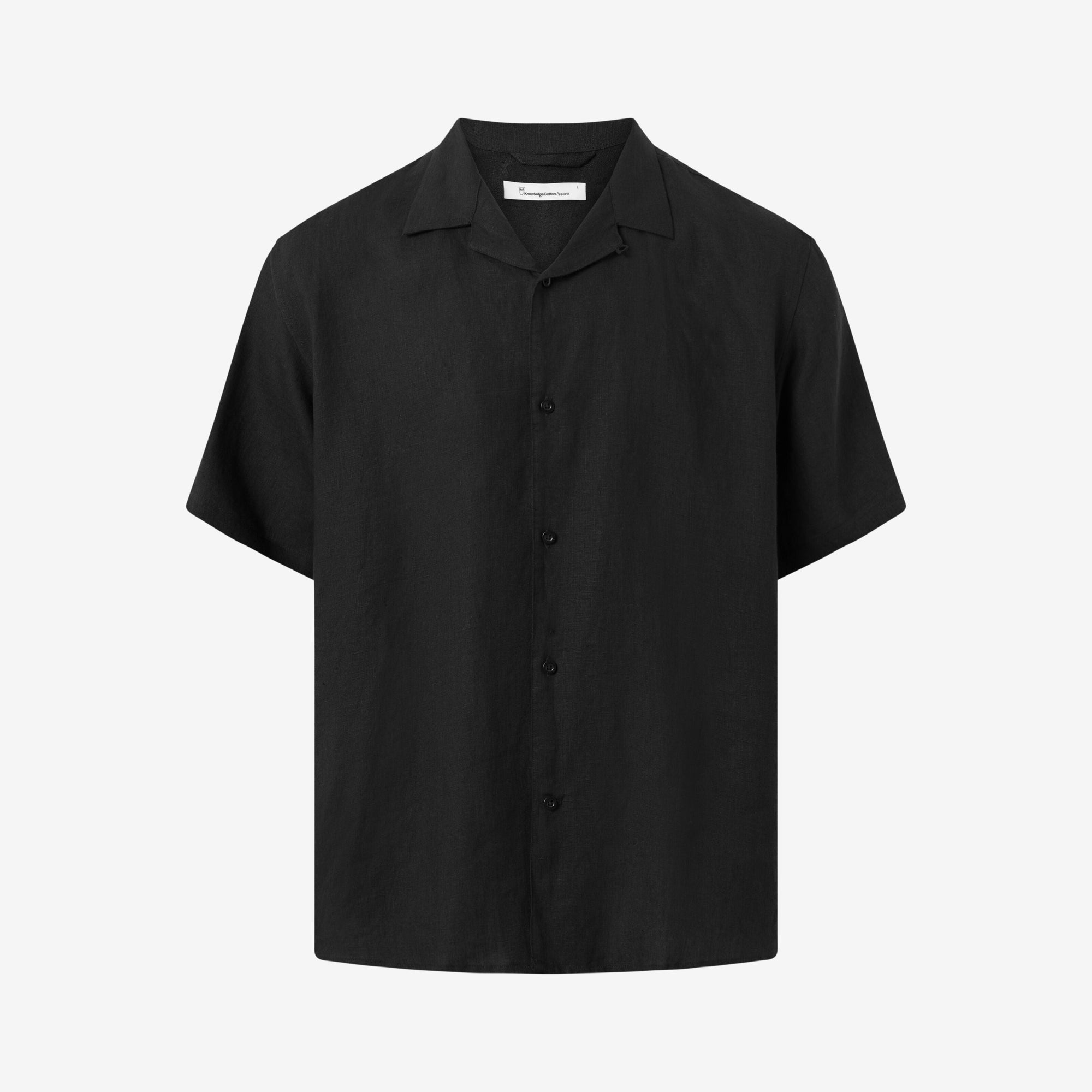 Knowledge Cotton Apparel Short Sleeve Organic Linen Shirt Regular Fit Black Jet Free UK Shipping